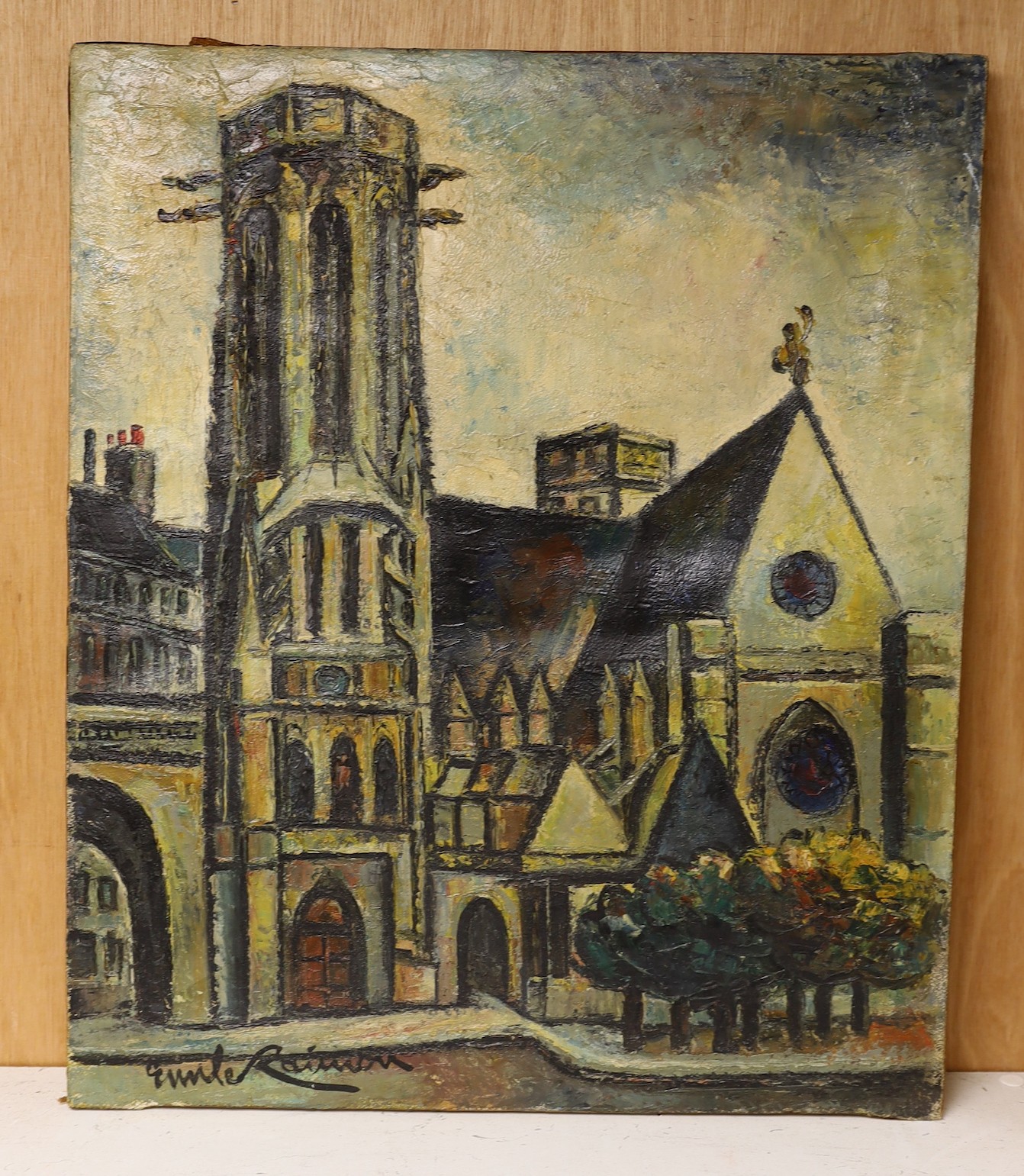 Emile Raimon, oil on canvas, View of a church, signed, 55 x 46cm, unframed